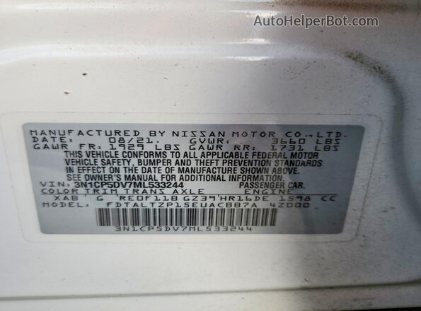 3N1CP5DV7ML533244 2021 NISSAN KICKS White VIN კოდის სტიკერის ხედი