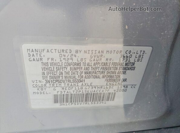3N1CP5DV7RL553341 2024 NISSAN KICKS Gray Vista de la etiqueta del VIN