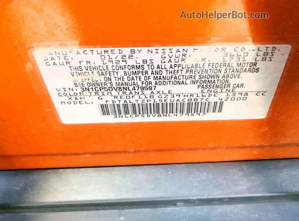 3N1CP5DV8NL479597 2022 NISSAN KICKS Оранжевый Вид наклейки с VIN-кодом