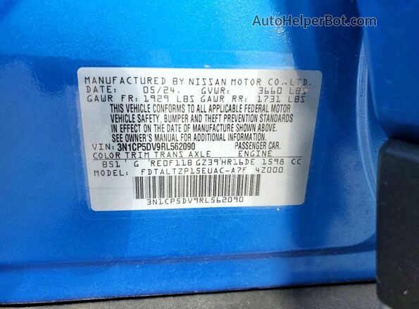 3N1CP5DV9RL562090 2024 NISSAN KICKS Blue Vista de la etiqueta del VIN