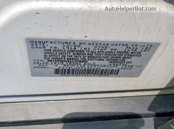 3N1CP5DVXLL578502 2020 NISSAN KICKS White VIN კოდის სტიკერის ხედი