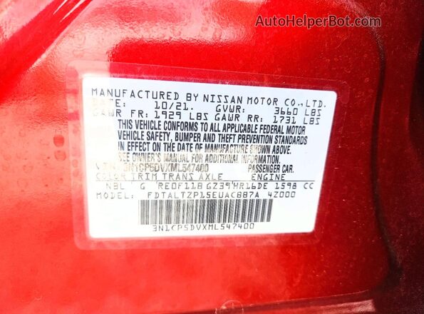 3N1CP5DVXML547400 2021 NISSAN KICKS Красный Вид наклейки с VIN-кодом