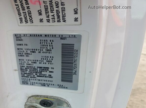 3N6CM0KN7MK705352 2021 NISSAN NV200 White VIN կոդի պիտակի տեսք
