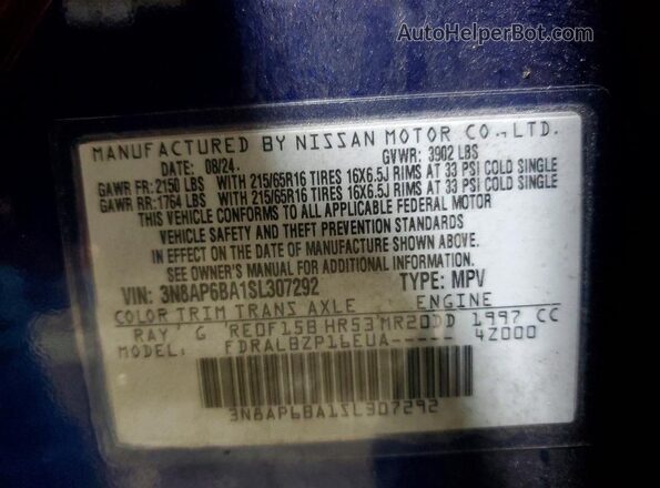 3N8AP6BA1SL307292 2025 NISSAN KICKS Blue Widok naklejki z numerem VIN