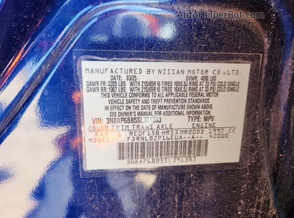 3N8AP6BB5SL391383 2025 NISSAN KICKS Blue VIN կոդի պիտակի տեսք