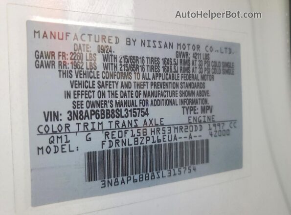 3N8AP6BB8SL315754 2025 NISSAN KICKS White Widok naklejki z numerem VIN