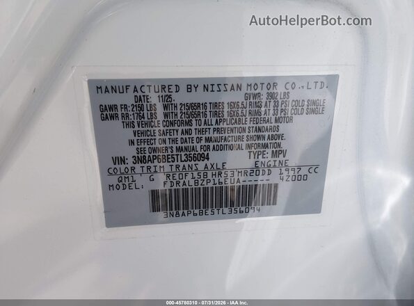 3N8AP6BE5TL356094 2026 NISSAN KICKS White Engine compartment view