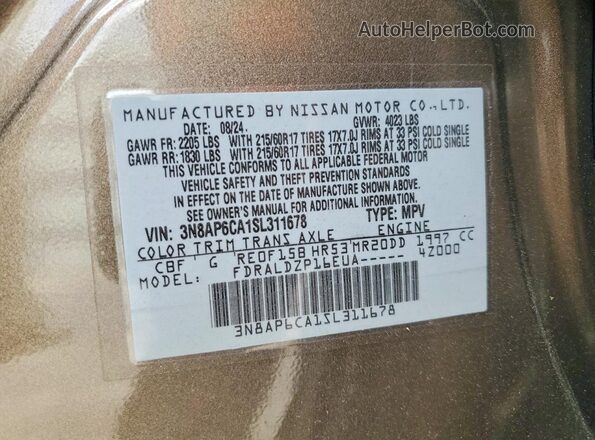 3N8AP6CA1SL311678 2025 NISSAN KICKS Коричневый Вид наклейки с VIN-кодом