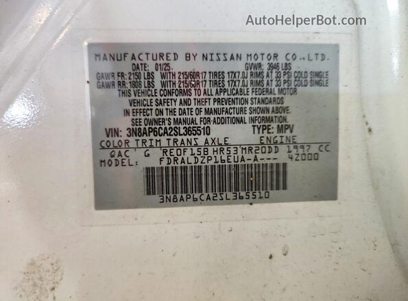 3N8AP6CA2SL365510 2025 NISSAN KICKS White Vista de la etiqueta del VIN