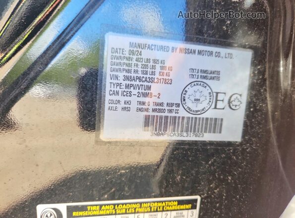 3N8AP6CA3SL317823 2025 NISSAN KICKS Black Вид наклейки з VIN-кодом