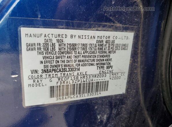 3N8AP6CA3SL330314 2025 NISSAN KICKS Blue Widok wnętrza 360 stopni