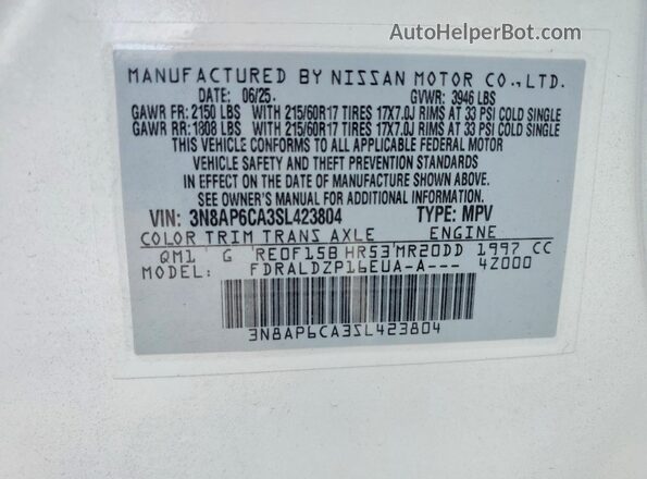 3N8AP6CA3SL423804 2025 NISSAN KICKS White Вид наклейки з VIN-кодом
