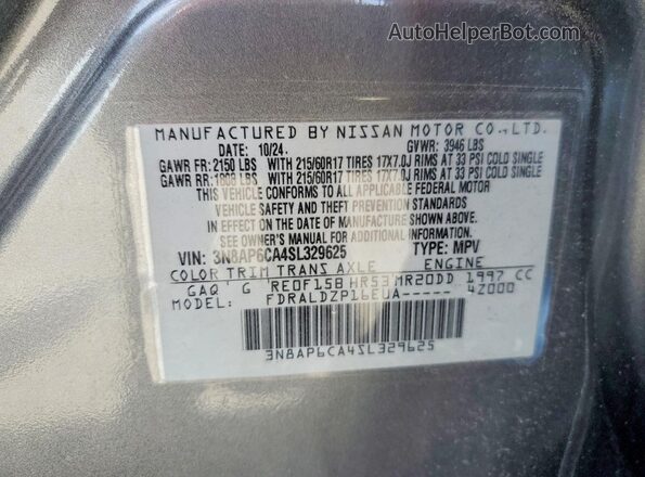 3N8AP6CA4SL329625 2025 NISSAN KICKS Gray VIN sticker view