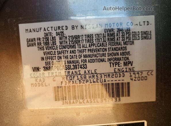 3N8AP6CA5SL397433 2025 NISSAN KICKS Gray Widok naklejki z numerem VIN