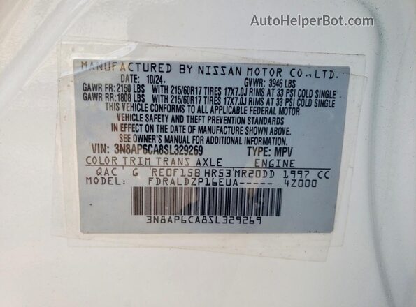 3N8AP6CA8SL329269 2025 NISSAN KICKS White Vista de la etiqueta del VIN
