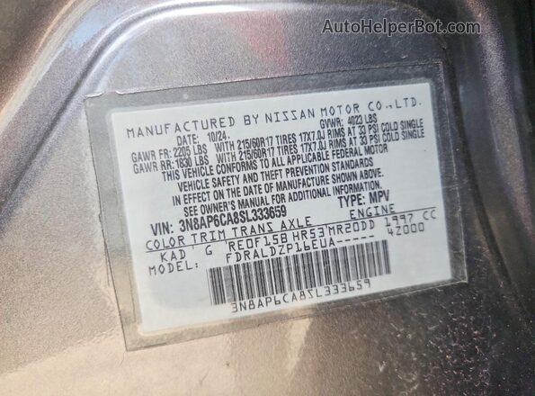 3N8AP6CA8SL333659 2025 NISSAN KICKS Charcoal VIN sticker view