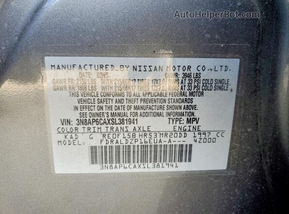 3N8AP6CAXSL381941 2025 NISSAN KICKS Серебряный Вид наклейки с VIN-кодом