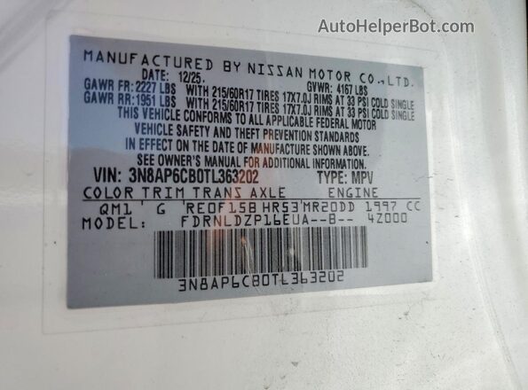 3N8AP6CB0TL363202 2026 NISSAN KICKS Белый Вид наклейки с VIN-кодом