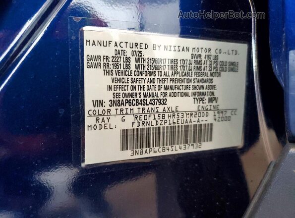 3N8AP6CB4SL437932 2025 NISSAN KICKS Blue VIN sticker view