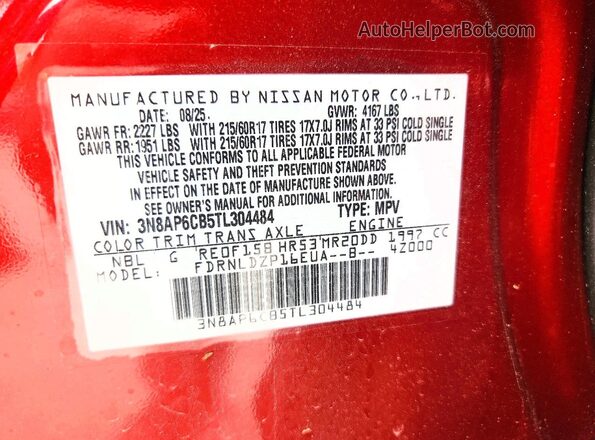 3N8AP6CB5TL304484 2026 NISSAN KICKS Red Vista de la etiqueta del VIN