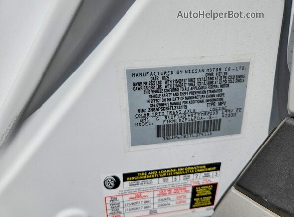 3N8AP6CB5TL374115 2026 NISSAN KICKS White Vista de la etiqueta del VIN