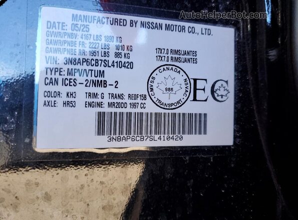 3N8AP6CB7SL410420 2025 NISSAN KICKS Black VIN կոդի պիտակի տեսք