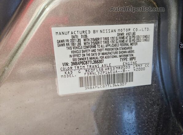 3N8AP6CB7TL366307 2026 NISSAN KICKS Gray Vista de la etiqueta del VIN
