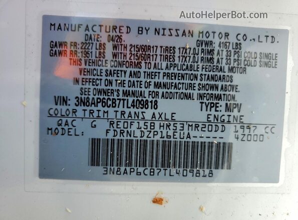3N8AP6CB7TL409818 2026 NISSAN KICKS White Вид наклейки з VIN-кодом