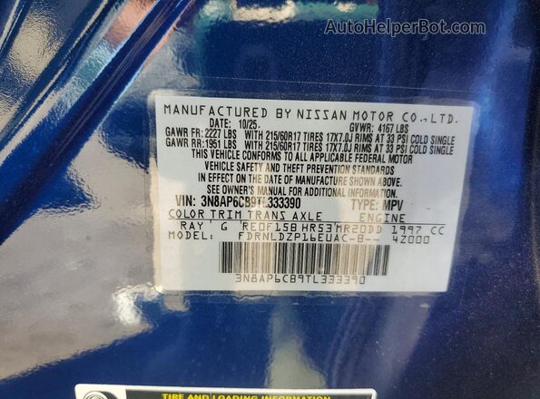 3N8AP6CB9TL333390 2026 NISSAN KICKS Blue VIN կոդի պիտակի տեսք