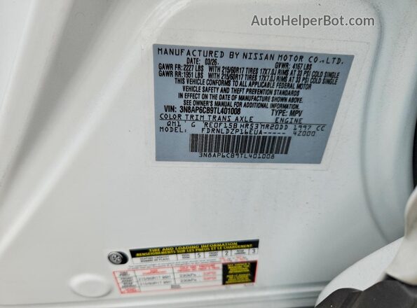 3N8AP6CB9TL401008 2026 NISSAN KICKS White VIN կոդի պիտակի տեսք