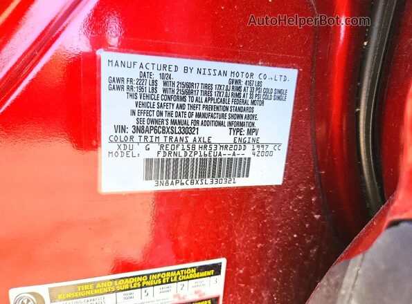 3N8AP6CBXSL330321 2025 NISSAN KICKS Бордовый Вид наклейки с VIN-кодом
