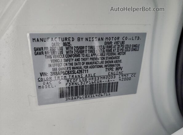 3N8AP6CBXSL426711 2025 NISSAN KICKS White Вид наклейки з VIN-кодом