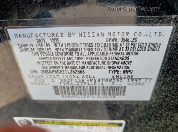 3N8AP6CE2TL362658 2026 NISSAN KICKS Black Vista de la etiqueta del VIN