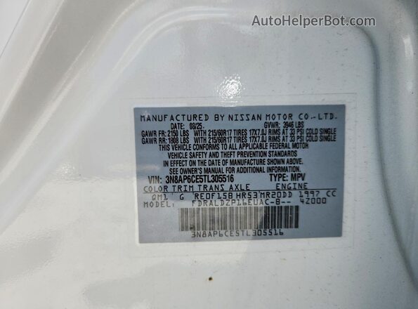 3N8AP6CE5TL305516 2026 NISSAN KICKS White VIN կոդի պիտակի տեսք