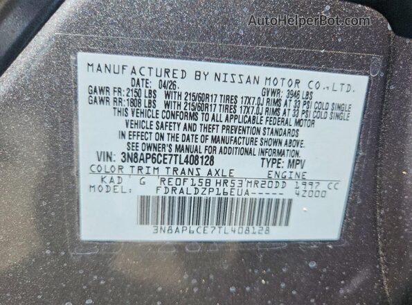 3N8AP6CE7TL408128 2026 NISSAN KICKS Charcoal Widok naklejki z numerem VIN