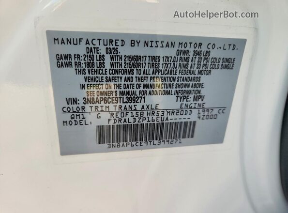 3N8AP6CE9TL399271 2026 NISSAN KICKS White VIN կոդի պիտակի տեսք