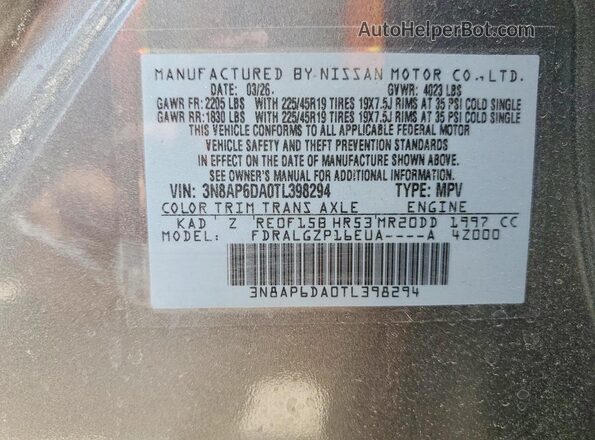 3N8AP6DA0TL398294 2026 NISSAN KICKS Gray Vista de la etiqueta del VIN