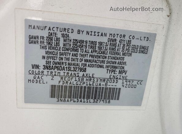 3N8AP6DA1SL327958 2025 NISSAN KICKS White Vista de la etiqueta del VIN