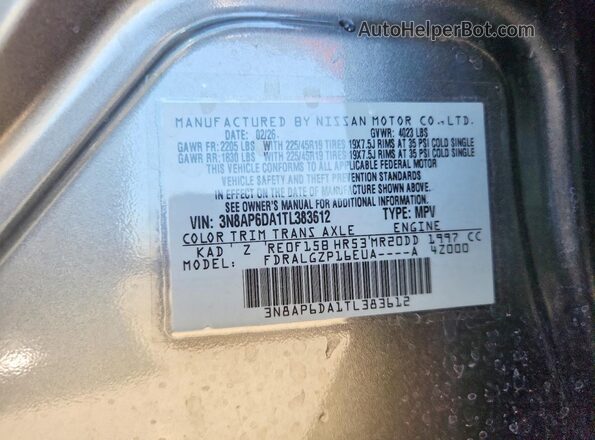 3N8AP6DA1TL383612 2026 NISSAN KICKS Gray Вид наклейки з VIN-кодом