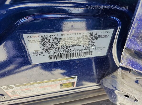 3N8AP6DA1TL385957 2026 NISSAN KICKS Blue Widok naklejki z numerem VIN