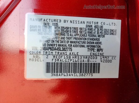 3N8AP6DA4SL382775 2025 NISSAN KICKS Red Vista interior de 360 grados