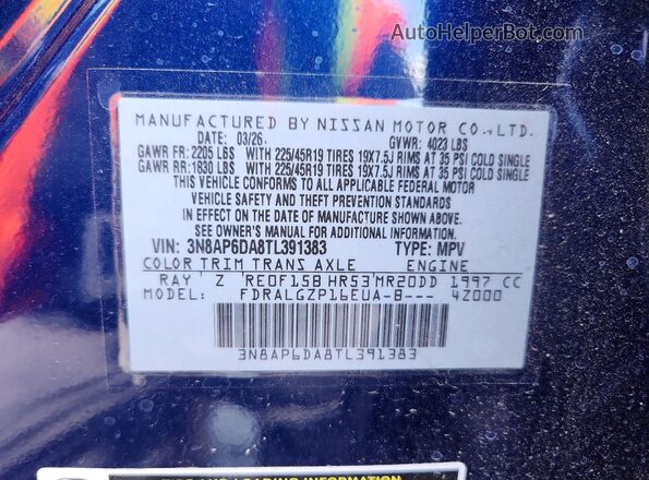 3N8AP6DA8TL391383 2026 NISSAN KICKS Blue VIN կոդի պիտակի տեսք