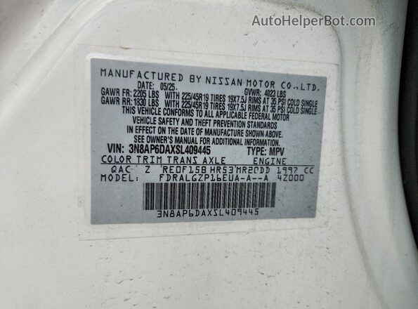 3N8AP6DAXSL409445 2025 NISSAN KICKS White Widok naklejki z numerem VIN