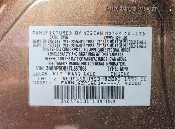 3N8AP6DB1TL387068 2026 NISSAN KICKS Желто-коричневый Вид наклейки с VIN-кодом