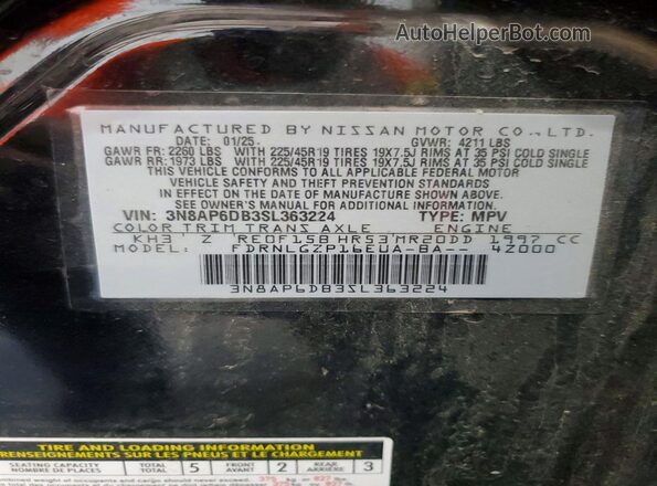 3N8AP6DB3SL363224 2025 NISSAN KICKS Black VIN კოდის სტიკერის ხედი
