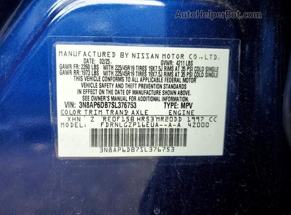 3N8AP6DB7SL376753 2025 NISSAN KICKS Blue Vista de la etiqueta del VIN