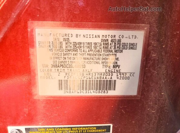 3N8AP6DC3SL408283 2025 NISSAN KICKS Red Vista de la etiqueta del VIN