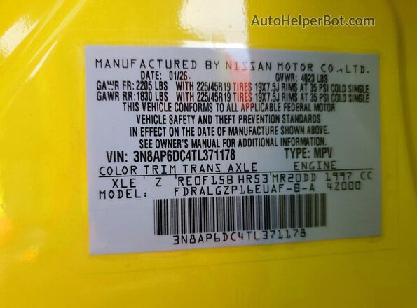3N8AP6DC4TL371178 2026 NISSAN KICKS Yellow Vista de la etiqueta del VIN