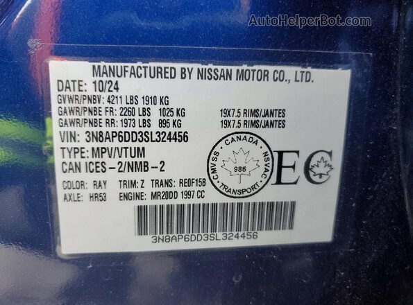 3N8AP6DD3SL324456 2025 NISSAN KICKS Blue VIN կոդի պիտակի տեսք