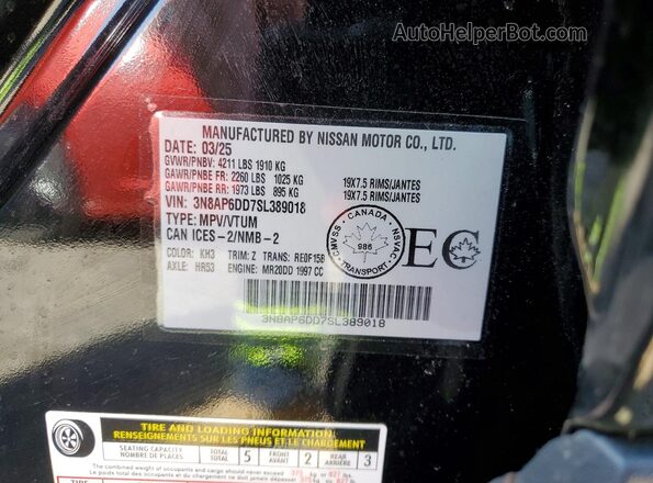 3N8AP6DD7SL389018 2025 NISSAN KICKS Black Vista de la etiqueta del VIN